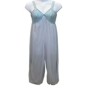 VTG Lisette Sterling Jumpsuit Nightwear Womens M Blue Babydoll Lace Nylon Sheer
